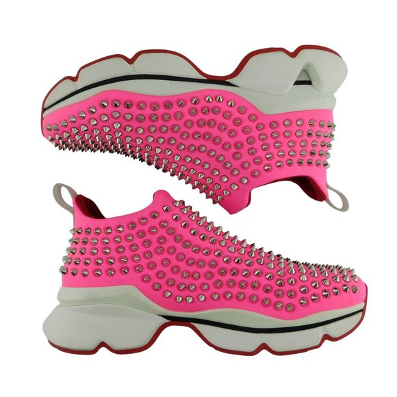 CHRISTIAN LOUBOUTIN Spiked Rose Hot Pink Neoprene Run Donna Sneakers 39.5 - Picture 4 of 8